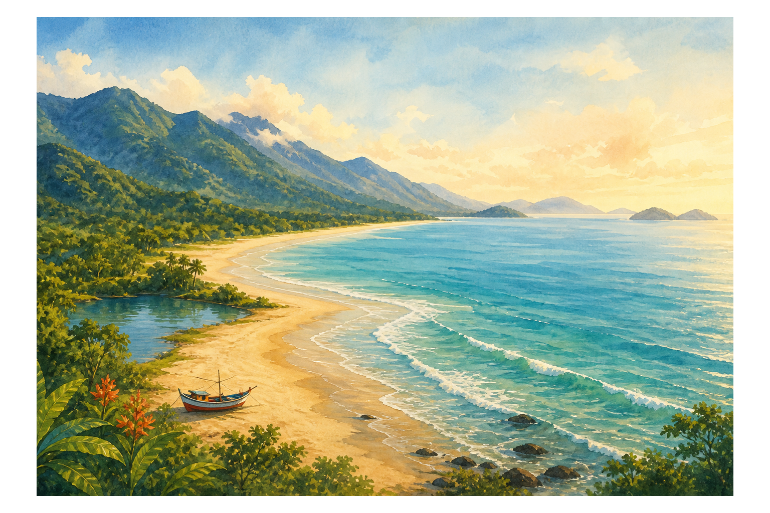 Vista ilustrada da costa de Massaguaçu, com montanhas, praia e mar azul